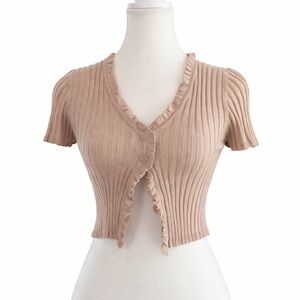 Love Tree Ribbed Short Sleeve Ruffle Crop Top | Size L